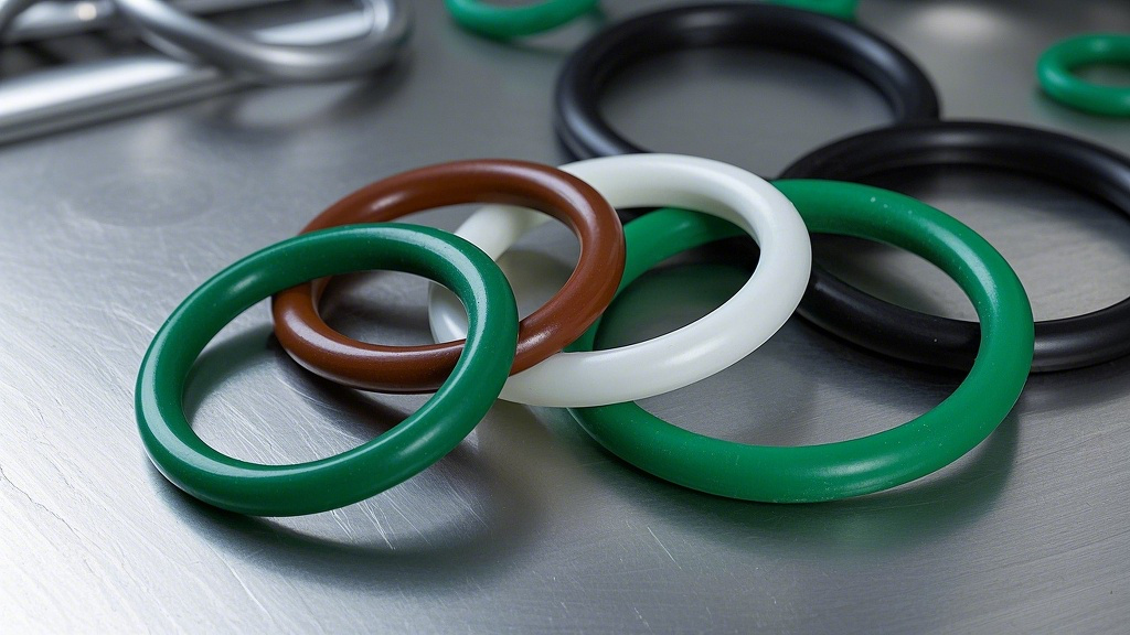 綠色的棕色的白色的黑色的O型密封圈，比例 「16_9」，背景為不銹鋼桌面