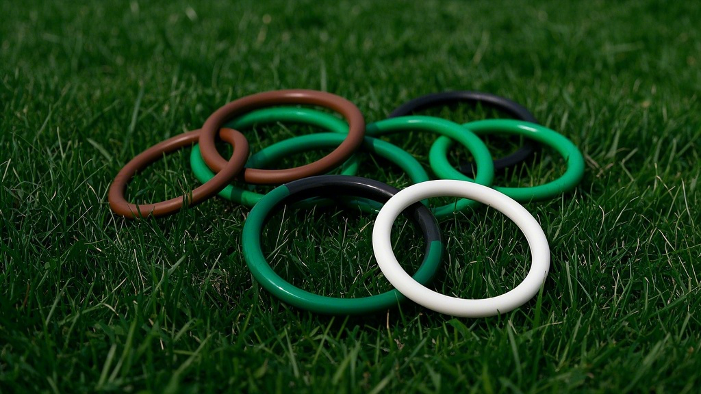 1綠色的棕色的白色的黑色的O型密封圈，比例 16_9__，背景為草地