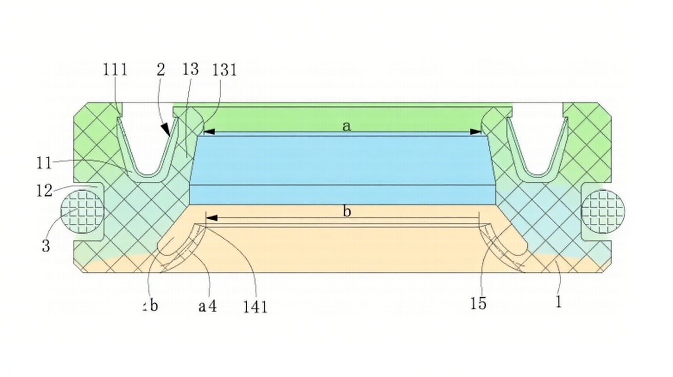 設(shè)計飛行器油泵海報1圖1（剖視圖）：展示油封本體、V型彈簧、O型圈的軸向分布，主唇口（131）與副唇口（141）的梯度位置關(guān)系。